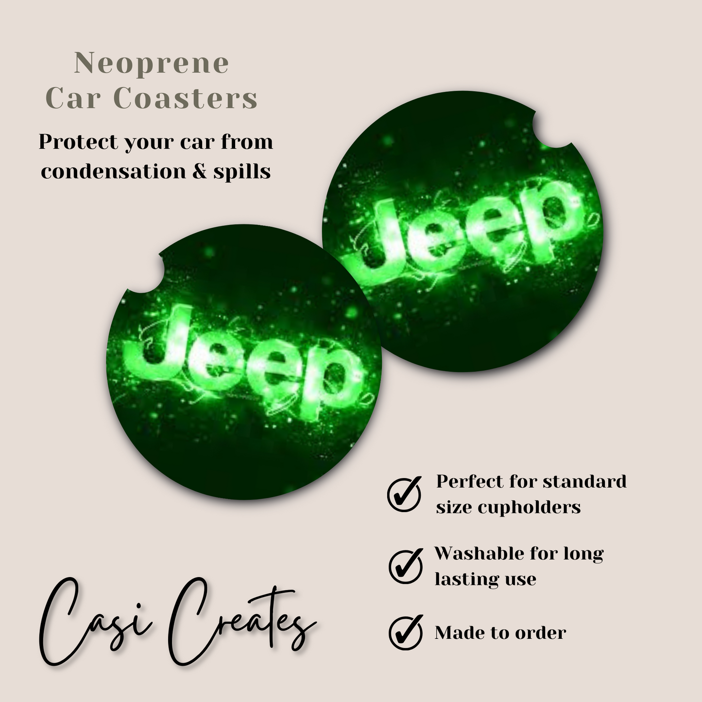 Jeep - Green Electric Neoprene Car Coaster