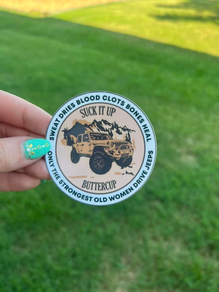 Strong Old Women Drive Jeeps Water Resistant Sticker