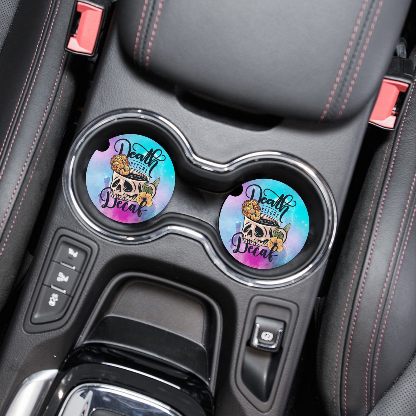 Death Before Decaf - Watercolor Neoprene Car Coaster