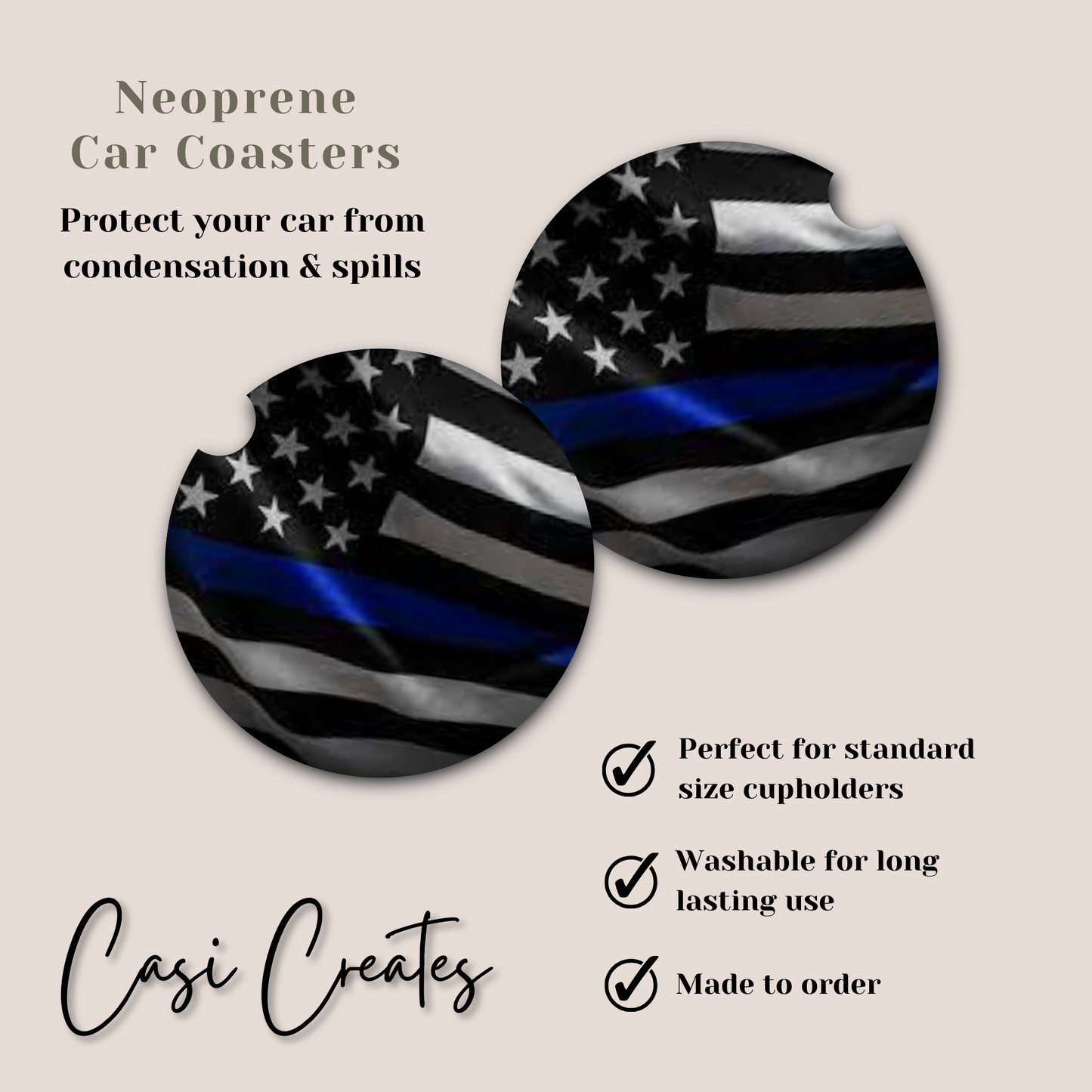 Blue Line Flag Neoprene Car Coaster
