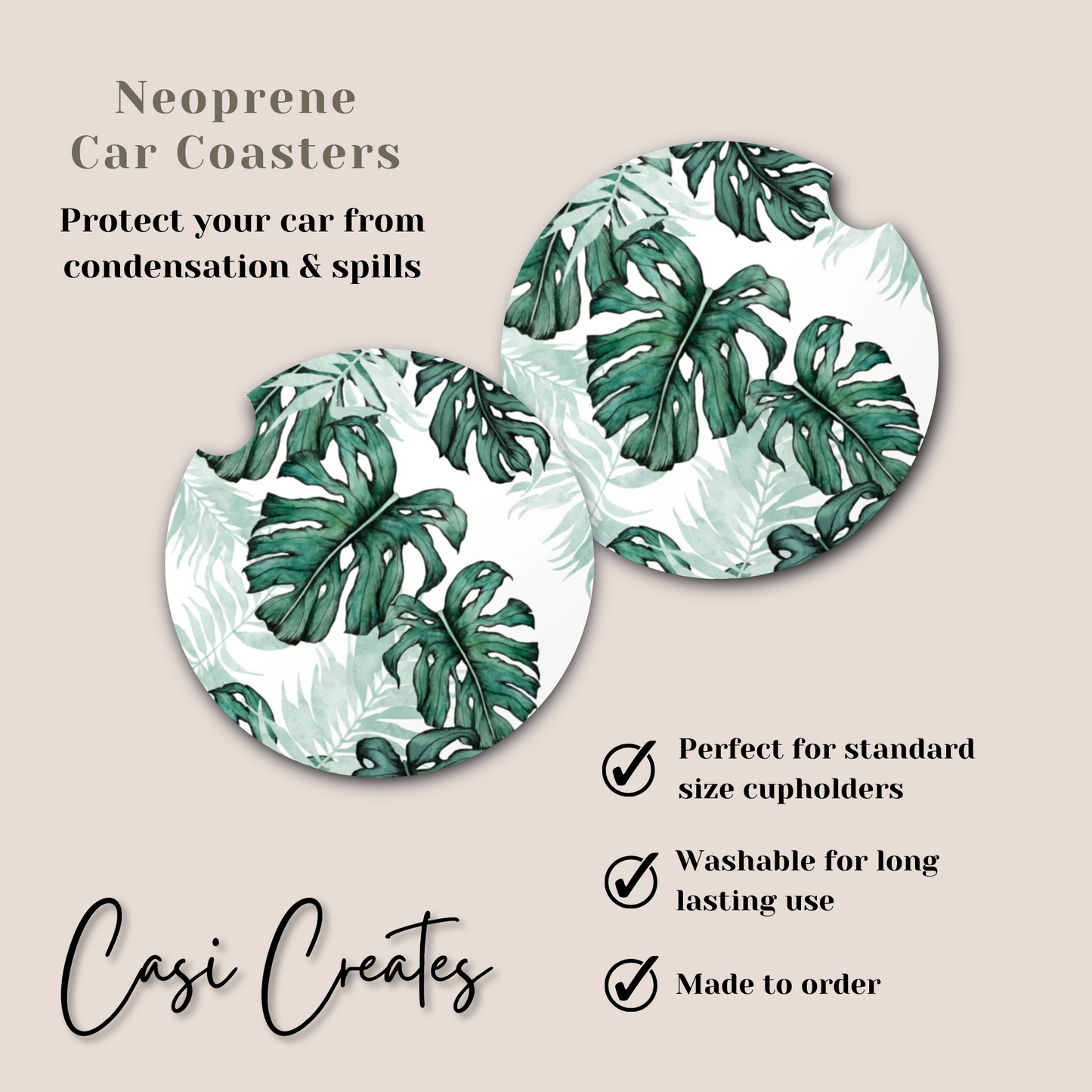 Monstera Neoprene Car Coaster
