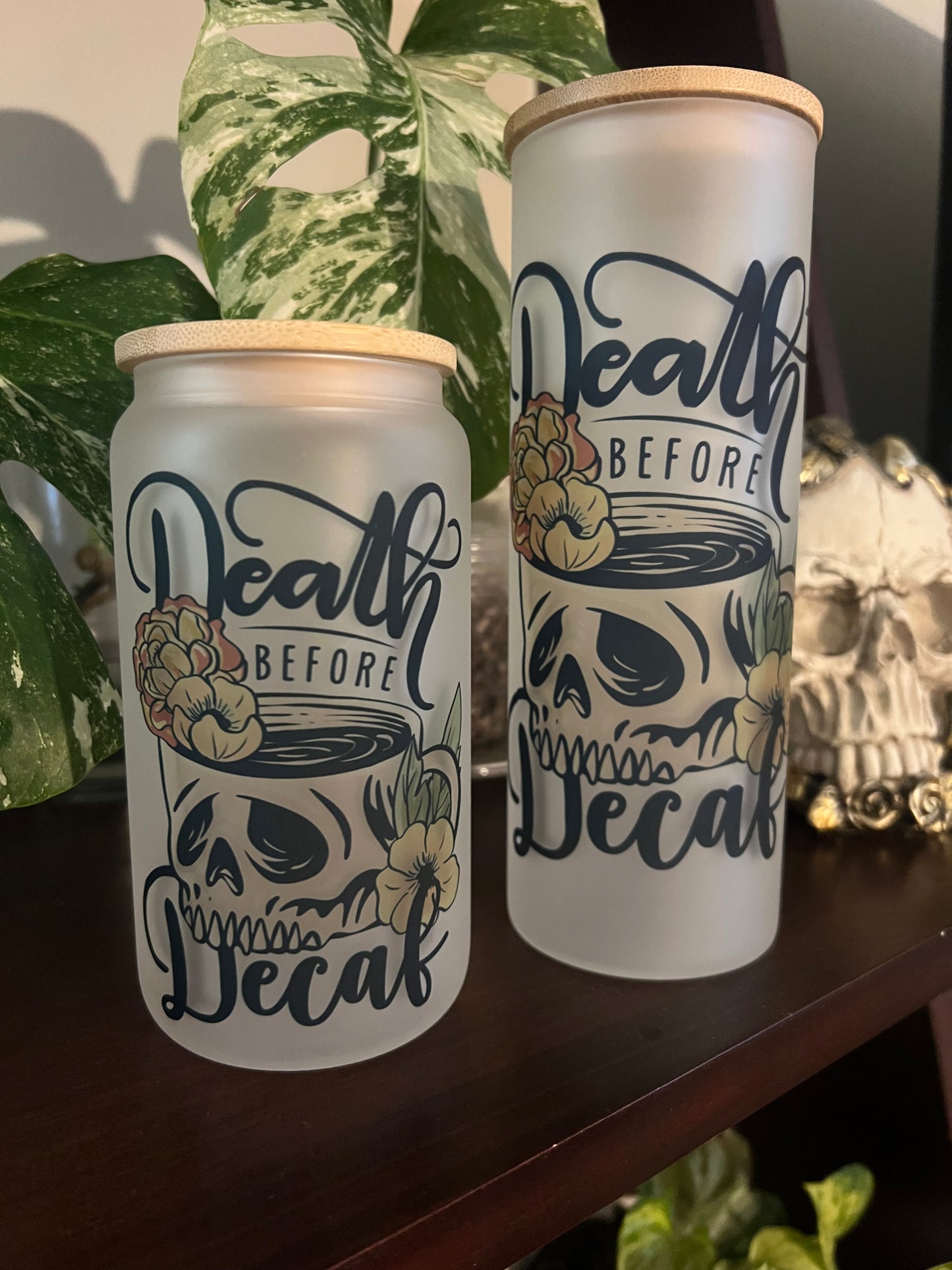 Death Before Decaf 16 oz Glass Tumbler